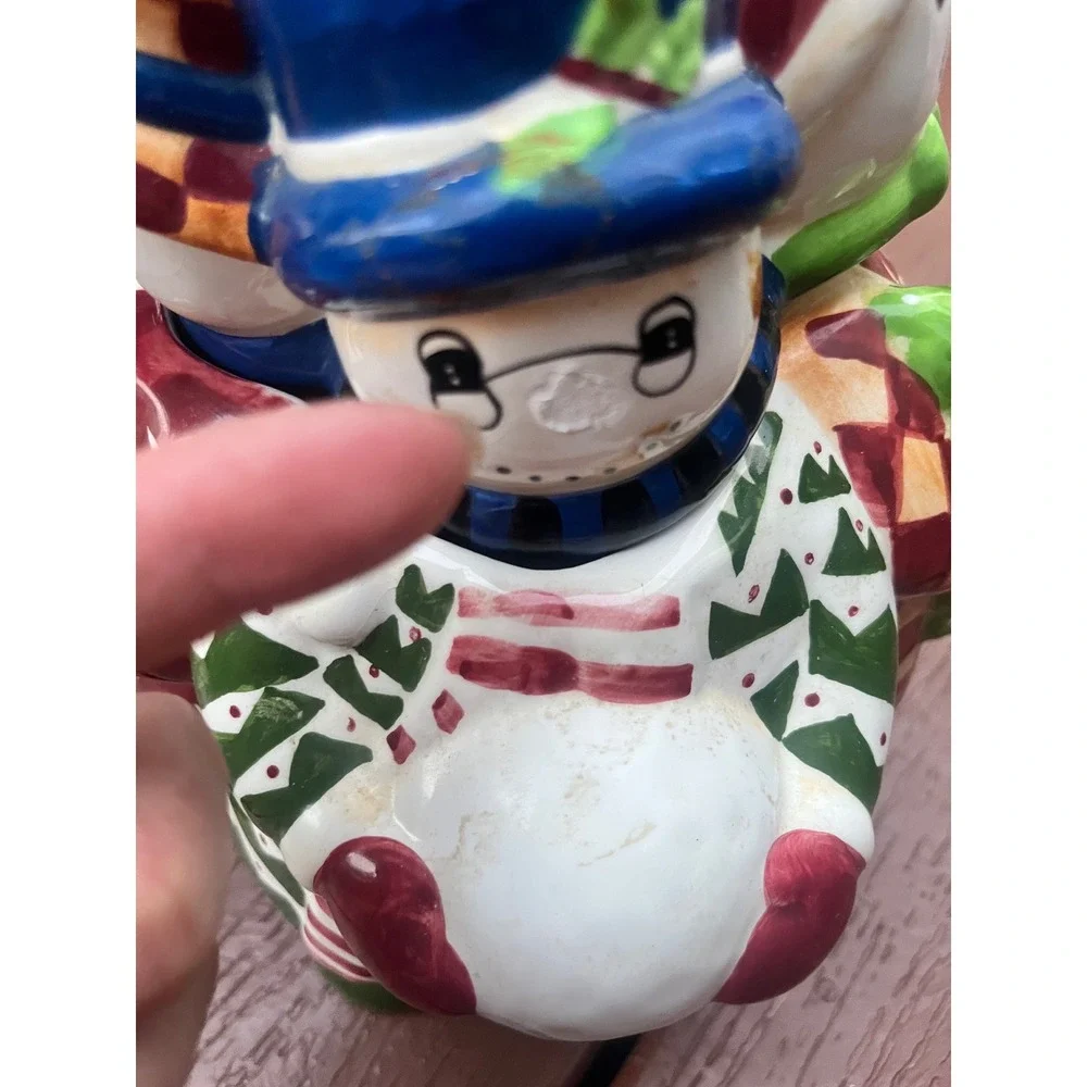 Vintage Christmas Snowman Trio Ceramic Cookie Jar Hand Painted Holiday Decor